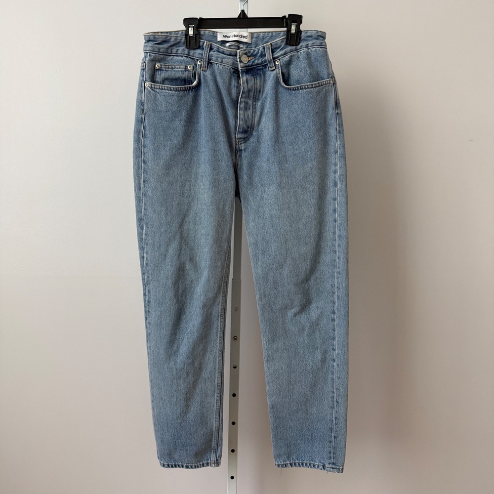 Won Hundred sz 27 Light Wash Barrel Tapered Leg Jeans Made in Italy Blue Boho